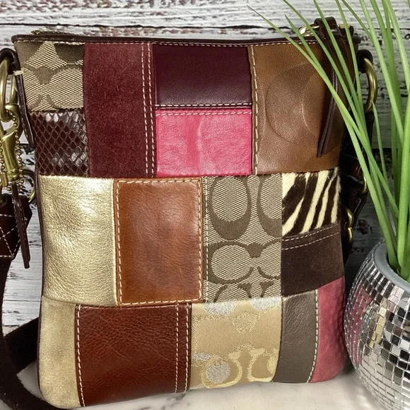 Coach Patchwork Leather Crossbody Bag in Brown, Pink, and Gold Fall Shoulder Pur - Picture 2 of 14